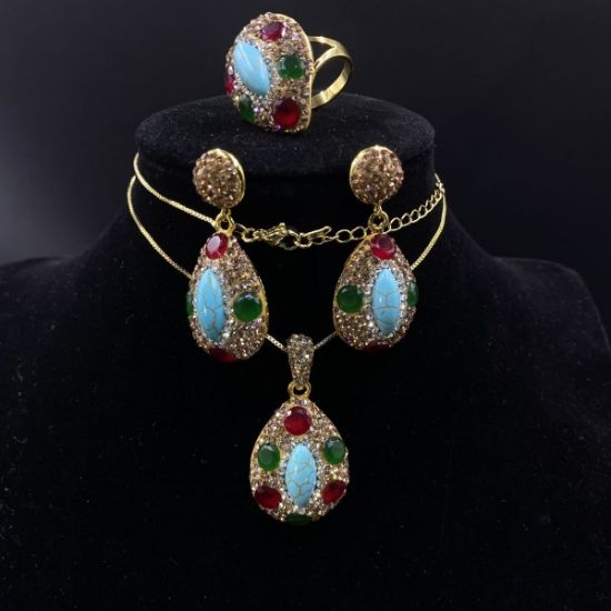 Picture of original design pure natural turquoise handcrafted inlaid with chalcedony, exquisite and elegant high-end three-piece set.#original style #earrings #necklace #rings #fashion #unique styles